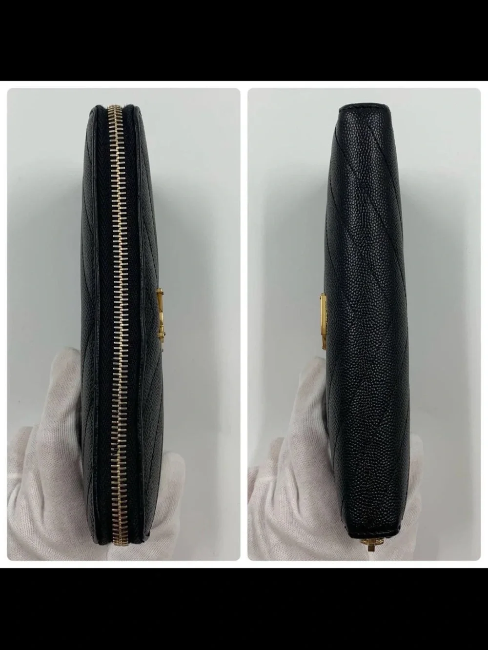 Saint Laurent Black Chevron Zip Wallet with Gold YSL Logo - Picture 3 of 10